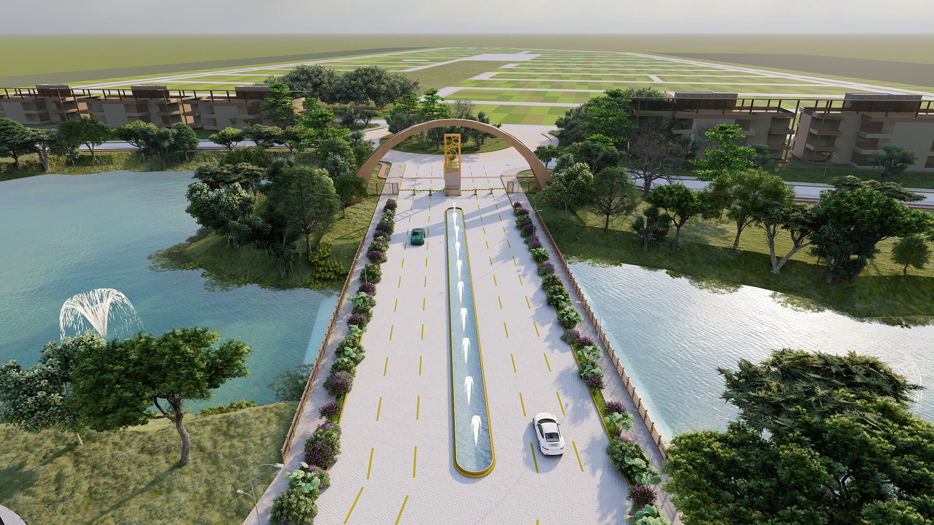 Render de la entrada y la traza de lotes del desarrollo Mayahual